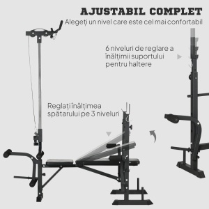 Bancă Multifuncțională pentru Fitness cu Pulley System, Suport pentru Haltere și Spătar Reglabil, Bancă pentru Greutăți Înclinată cu Extensie pentru Picioare, Chest Fly, Suport pentru Greutăți, Antrenament Acasă - Img 6
