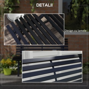 Bancă pentru Grădină, Bancă de Exterior pentru Terasă cu Șezut și Spătar cu Lamele, 123x67x79 cm, Negru - Img 6