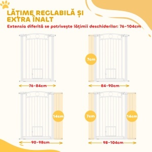Bariera de Siguranta Interioara pentru Caini, cu 2 Extensii si Usa pentru Pisici, 76-104x77 cm, Alb - Img 4
