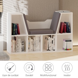 Bibliotecă 2 în 1 cu Perne Confortabile și 6 Compartimente, Mobilier Multifuncțional pentru Cărți și Jocuri, Raft cu 6 Cuburi pentru Sufragerie, Dormitor și Birou, 102x30x61 cm, Alb - Img 7