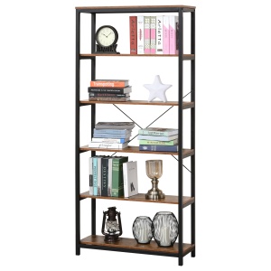 Biblioteca Industriala Vintage – 6 Rafturi din Lemn & Metal Negru - Img 1