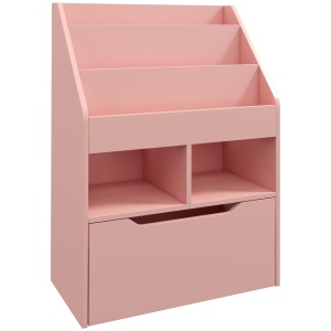 Bibliotecă pentru Copii cu Rafturi, Sertar și Roți, Raft pentru Jucării și Cărți, 60x29.9x90 cm, Roz - Img 1