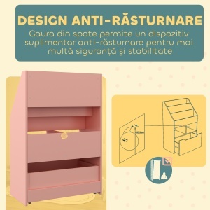 Bibliotecă pentru Copii cu Rafturi, Sertar și Roți, Raft pentru Jucării și Cărți, 60x29.9x90 cm, Roz - Img 5