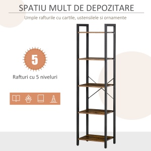 Bibliotecă stil industrial cu 5 rafturi din lemn și oțel, 40x30x154cm - Maro rustic - Img 4
