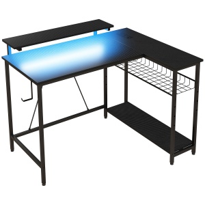 Birou Gaming in Forma de L – Cu LED, Rafturi & Col Reversibil
