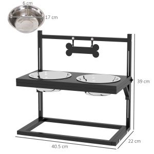 Boluri pentru Câini cu Înălțime Reglabilă și Plăcuță de Identificare, 2 Boluri din Oțel pentru Apă și Mâncare, 40.5x22x39 cm, Negru - Img 3