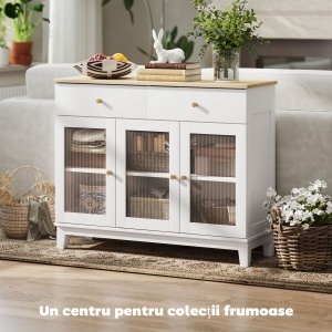Bufet Bucătărie cu 2 Dulapuri și 2 Sertare, Uși din Sticlă Securizată Canelată, Bufet Sufragerie cu Rafturi Ajustabile, pentru Living sau Sufragerie, 100x35x80.3 cm, Alb și Stejar - Img 4