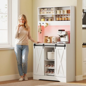 Bufet de Bucătărie Rustic 180cm, Dulap cu Priză de Încărcare, Lumini LED, Suport pentru Sticle, Blat pentru Cuptor, Rafturi Deschise, Uși Glisante, Orificiu pentru Cabluri, Alb - Img 9