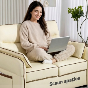 Canapea 2 Locuri Tapițată din Piele Artificială cu Margini Contrastante, Canapea de Sufragerie cu Perne Groase, 2 Perne Detasabile și Lavabile, Brațe și Buzunare Laterale, 136x81x90 cm, Bej - Img 5