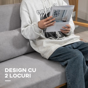 Canapea cu 2 locuri moderna din Lemn cu perne, tasatura cu efect de catifea, 122x80x72 cm, Gri - Img 6