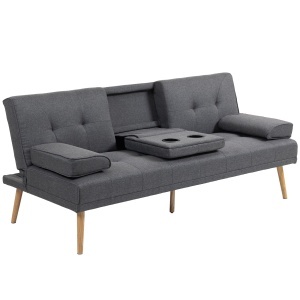 Canapea extensibilă cu 3 locuri, 2 cotiere detașabile și covoraș antiderapant, imitație in și lemn de plop, 181x77x78cm, gri închis - Img 1