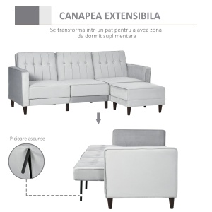 Canapea extensibila cu 3 locuri cu taburet si spatar inclinabil, tapiterie din catifea si scaun captusit, 218x85x86 cm, gri deschis - Img 4