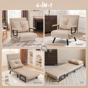 Canapea Extensibilă cu Spătar Reglabil pe 5 Nivele, Canapea Pat Individuală Pliabilă cu Perne, 63x73x81 cm, Bej - Img 4