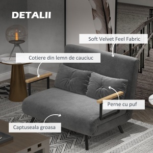 Canapea Pat 2 Locuri – Gri inchis, Reglabila & Cu 2 Perne - Img 6