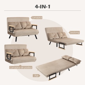 Canapea Pat de 2 Locuri cu Spătar Reglabil pe 5 Nivele și 2 Perne din Material Țesut Căptușit, 102x73x81 cm, Maro - Img 4