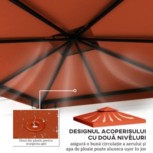 Capac de Foișor, Acoperiș pentru Foișor cu 8 Găuri de Drenaj și Curele Velcro, 3x3 m, Roșu Ruginiu - Img 4