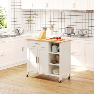 carucior bucatarie cu 4 roți, 3 rafturi, pentru bucătărie si sufragerie,107×48×89 cm, din MDF, Lemn de cauciucalba, alb - Img 2