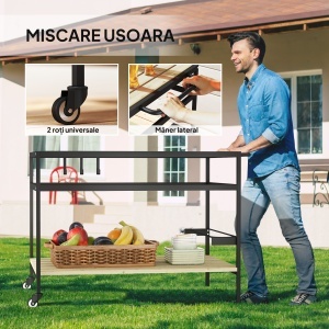 Cărucior cu Roți din Lemn cu 2 Rafturi, 3 Cârlige, Blat cu Lamele și Mâner 107x65x80 cm Natural - Img 5