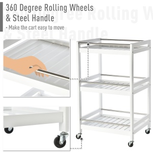 Carucior de Bucatarie Economisire Spatiu din Lemn Alb cu 3 Etajere 4 Roti 360° - Img 6