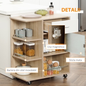 Carucior de bucatarie modern, carucior mobil de depozitare cu sertar, polita cu 3 niveluri, dulap cu usa din sticla, pentru sufragerie, natural - Img 6