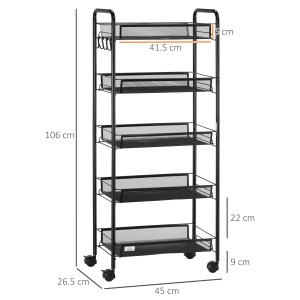 Carucior de bucatarie pe 5 niveluri cu cosuri din plasa, carucior de depozitare pentru sufragerie si dormitor din otel, 45x26,5x106cm, negru - Img 3