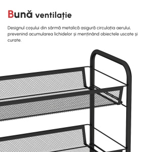Carucior de bucatarie pe 5 niveluri cu cosuri din plasa, carucior de depozitare pentru sufragerie si dormitor din otel, 45x26,5x106cm, negru - Img 8