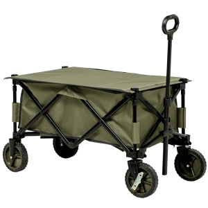 Carucior de gradina pliabil cu roti, Carucior de camping pliabil cu placa pliabila, Carucior utilitar pentru exterior cu cadru din otel si material Oxford, verde