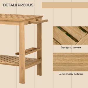 Cărucior de Servire pentru Grădină din Lemn de Brad, Cărucior cu Rafturi și Suport pentru Sticle, 95x47x74 cm, Natural - Img 6