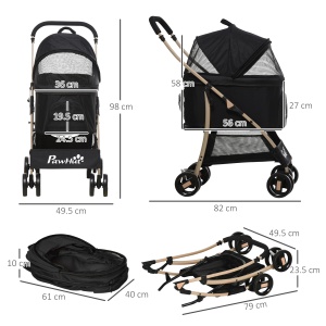 Carucior Detasabil pentru Animale de Companie, Carucior de Calatorie 3 in 1 pentru Caini si Pisici, Geanta de Transport Pliabila cu Roti Universale cu Frana, Copertina Cos de Depozitare, Negru - Img 3