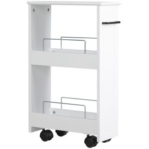 Carucior multifunctional pentru economisirea spatiului pentru baie si bucatarie, carucior din lemn MDF cu roti pivotante si maner, 42,5x20,3x66,7cm, alb - Img 1
