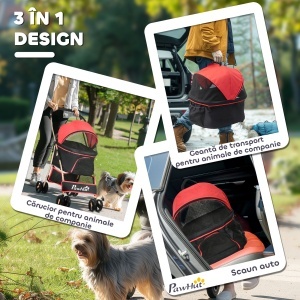 Cărucior pentru Câini Pliabil și Convertibil în Geantă de Transport cu 2 Lese și Pernă, 82x49.5x98 cm, Roșu - Img 5