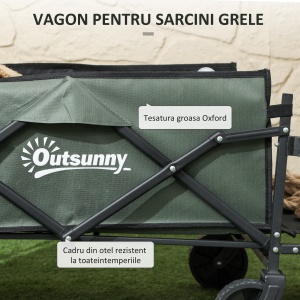 Cărucior Pliabil de Grădină cu Deschidere Posterioară, Roți, Buzunare de Depozitare și Mâner, 125x48x78-102 cm, Verde - Img 5