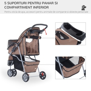 Cărucior Pliabil pentru Câini cu Roți, Coș de Depozitare și Căptușeală Detașabilă, 75x45x97 cm, Maro - Img 4