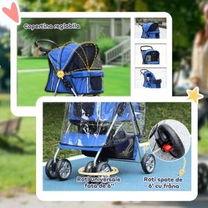 Cărucior Pliabil pentru Câini până la 10 kg cu Copertină de Ploaie, 75x45x97 cm, Albastru - Img 5