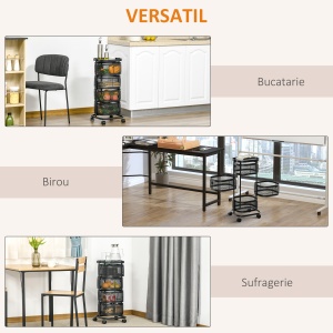 Carucior utilitar rulant cu cosuri metalice rotative, Carucior de serviciu cu 4 niveluri de depozitare cu blat, Negru - Img 7