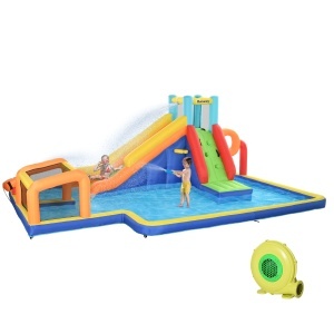 Castel Gonflabil cu Tobogan, Perete de Cățărare, Tun de Apă, Inel de Baschet și Poartă de Fotbal, 590x460x220 cm, Multicolor