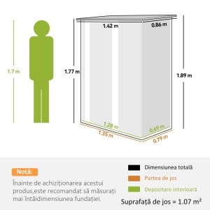 Căsuță de Grădină 1.07m² din Oțel Zincat, Căsuță pentru Unelte cu Ușă Blocabilă, Acoperiș Înclinat, 142x86x189 cm, Gri Deschis - Img 3
