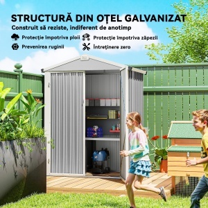 Căsuță de Grădină 1,1m² din Oțel Zincat, Magazie de Grădină cu Uși Duble Largi cu Încuietoare, Acoperiș Înclinat, Mănuși, Magazie pentru Unelte, 133x87x178 cm, Gri Argintiu - Img 5