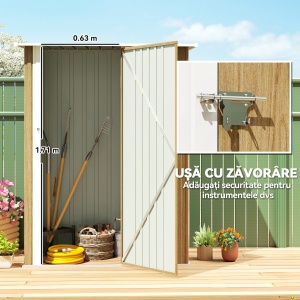 Căsuță pentru Grădină 1.07m² din Oțel Galvanizat, Căsuță pentru Unelte cu Ușă Blocabilă, Acoperiș Înclinat, 142x86x189 cm, Imitatie Lemn - Img 4