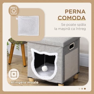 Căsuță pentru Pisici cu Covor de Zgâriat, Pernă și Bilă, 35.5x35.5x42.5 cm, Crem și Gri - Img 6
