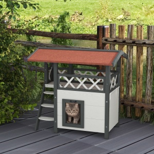 Căsuță pentru Pisici de Exterior cu Terasa și Scară, Adăpost pentru Pisici și Animale Mici din Lemn, 77x50x73 cm, Alb - Img 2