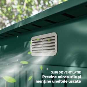 Căsuță pentru Unelte cu 2 Guri de Aerisire și Sistem de Blocare, din Oțel, 249x121x183 cm, Verde - Img 7