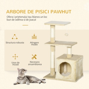 Centru de activitati cu spatiu pentru zgariat si culcus pentru pisici minge sfoara din sisal plus din lemn bej - Img 4