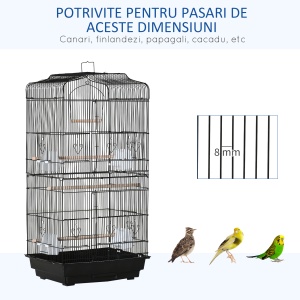 Colivie pentru pasari cu Stinghii, Leagan si boluri, Voliera din Metal si Plastic, 46.5x35.5x92 cm, Negru - Img 7