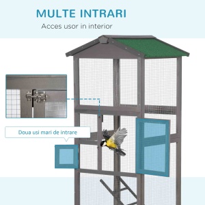 Colivie pentru Păsări din Lemn și Plasă Metalică cu 2 Uși și Tavă Detașabilă, 68x63x165 cm, Gri Deschis - Img 5