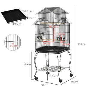 Colivie pentru Pasari pentru Interior din Otel si Lemn cu Tava Detasabila. 4 Roti, Recipient pentru Aliemnte, 51,5x50x140cm, Neagra - Img 3