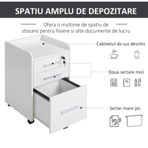 Comoda Birou 3 Sertare – Cu Etajera & 5 Roti, Alb Modern - Img 5