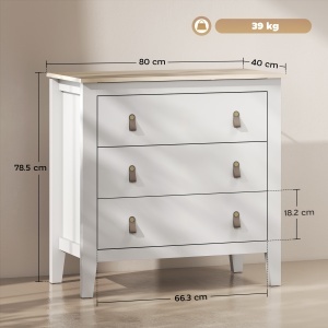 Comodă cu 3 Sertare și Mânere din Piele Ecologică Albă - Img 3