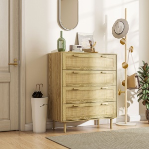 Comodă cu 4 Sertare în Stil Boho, Comodă din Lemn și Ratan pentru Dormitor și Hol, 90x45x108,5 cm, Stejar - Img 7