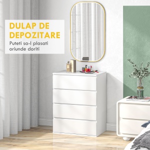 Comodă cu 4 Sertare, Organizator de Depozitare cu Ghidaje Metalice și Mânere cu Caneluri, 60x40x80 cm, Alb - Img 4